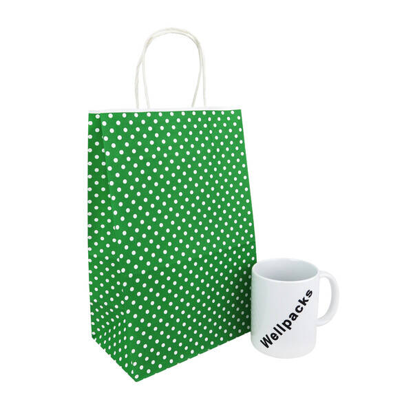 Бумажный пакет с ручками 190х120х280 мм зеленый крафт в горох 50 шт./