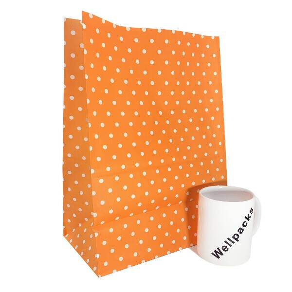 Бумажный пакет без ручек 260х150х350 мм оранжевый крафт в горох 25 шт./